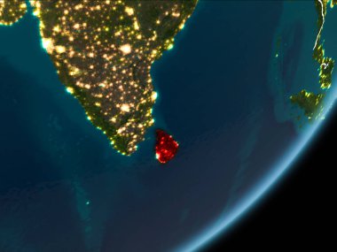Sri Lanka Planet Earth Earth yörüngeden geceleri görüldüğü gibi kırmızı görünür Kenarlıklar ve şehir ışıkları vurgulanır. 3D çizim. Nasa tarafından döşenmiş bu görüntü unsurları.