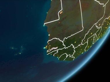 Planet Earth Earth yörüngeden geceleri görüldüğü gibi Gambiya kırmızı görünür Kenarlıklar ve şehir ışıkları vurgulanır. 3D çizim. Nasa tarafından döşenmiş bu görüntü unsurları.