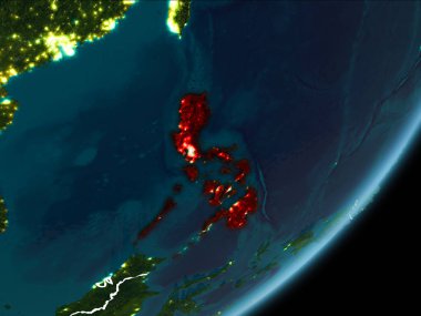 Planet Earth Earth yörüngeden geceleri görüldüğü gibi Türkiye kırmızı görünür Kenarlıklar ve şehir ışıkları vurgulanır. 3D çizim. Nasa tarafından döşenmiş bu görüntü unsurları.