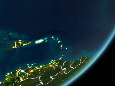 Planet Earth Earth yörüngeden geceleri görüldüğü gibi Caribbean kırmızı görünür Kenarlıklar ve şehir ışıkları vurgulanır. 3D çizim. Nasa tarafından döşenmiş bu görüntü unsurları.