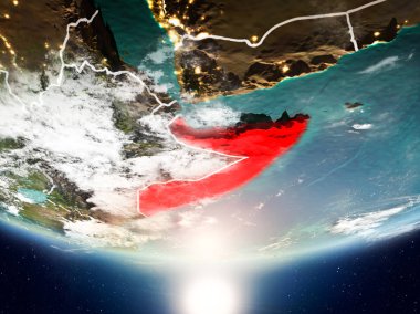 Somali Sunrise son derece detaylı yüzey dokuları ve görünür ülke sınırları ile Dünya gezegeninin yörüngeden. 3D çizim. Nasa tarafından döşenmiş bu görüntü unsurları.