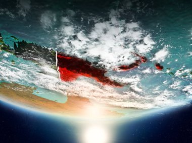 Papua Yeni Gine Sunrise son derece detaylı yüzey dokuları ve görünür ülke sınırları ile Dünya gezegeninin yörüngeden. 3D çizim. Nasa tarafından döşenmiş bu görüntü unsurları.