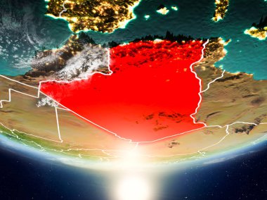 Cezayir gündoğumu son derece detaylı yüzey dokuları ve görünür ülke sınırları içinde Dünya gezegeninin yörüngeden. 3D çizim. Nasa tarafından döşenmiş bu görüntü unsurları.