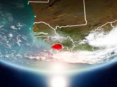 Sunrise son derece detaylı yüzey dokuları ve görünür ülke sınırları ile Dünya gezegeninin yörüngeden Sierra Leone. 3D çizim. Nasa tarafından döşenmiş bu görüntü unsurları.