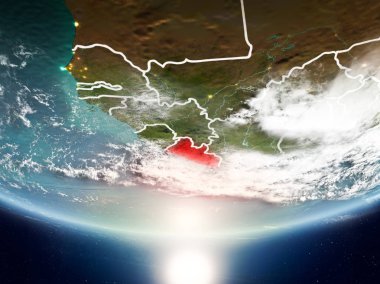 Liberya Sunrise son derece detaylı yüzey dokuları ve görünür ülke sınırları ile Dünya gezegeninin yörüngeden. 3D çizim. Nasa tarafından döşenmiş bu görüntü unsurları.