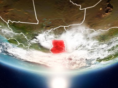 Gana Sunrise son derece detaylı yüzey dokuları ve görünür ülke sınırları ile Dünya gezegeninin yörüngeden. 3D çizim. Nasa tarafından döşenmiş bu görüntü unsurları.