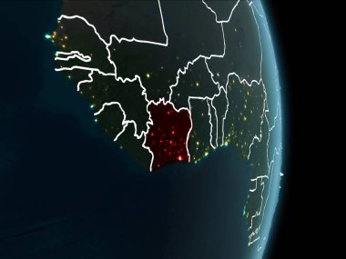 Fildişi Sahili haritası beyaz sınır çizgileri ve şehir ışıkları ile gece gezegeni uzaydan görüldüğü gibi kırmızı. 3D çizim. Nasa tarafından döşenmiş bu görüntü unsurları.