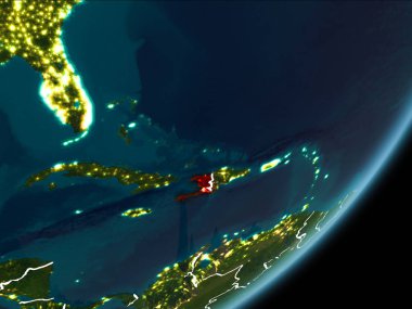 Planet Earth Earth yörüngeden geceleri görüldüğü gibi Haiti kırmızı görünür Kenarlıklar ve şehir ışıkları vurgulanır. 3D çizim. Nasa tarafından döşenmiş bu görüntü unsurları.