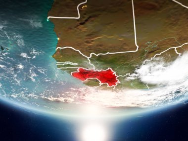 Sunrise son derece detaylı yüzey dokuları ve görünür ülke sınırları ile Dünya gezegeninin yörüngeden Gine. 3D çizim. Nasa tarafından döşenmiş bu görüntü unsurları.