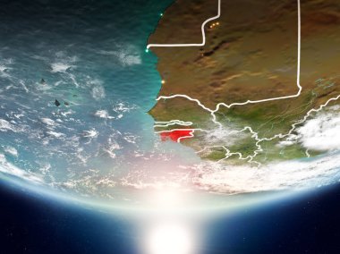Gine-Bissau Sunrise son derece detaylı yüzey dokuları ve görünür ülke sınırları ile Dünya gezegeninin yörüngeden. 3D çizim. Nasa tarafından döşenmiş bu görüntü unsurları.