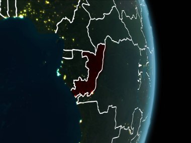 Kongo Haritası beyaz sınır çizgileri ve şehir ışıkları ile gece gezegeni uzaydan görüldüğü gibi kırmızı. 3D çizim. Nasa tarafından döşenmiş bu görüntü unsurları.