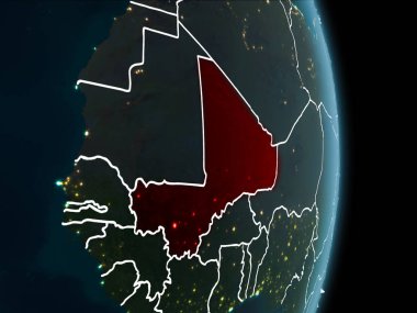 Mali Haritası Beyaz sınır çizgileri ve şehir ışıkları ile gece gezegeni uzaydan görüldüğü gibi kırmızı. 3D çizim. Nasa tarafından döşenmiş bu görüntü unsurları.