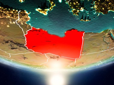 Libya Sunrise son derece detaylı yüzey dokuları ve görünür ülke sınırları ile Dünya gezegeninin yörüngeden. 3D çizim. Nasa tarafından döşenmiş bu görüntü unsurları.