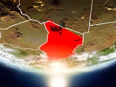 Sunrise son derece detaylı yüzey dokuları ve görünür ülke sınırları ile Dünya gezegeninin yörüngeden Chad. 3D çizim. Nasa tarafından döşenmiş bu görüntü unsurları.