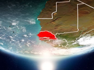 Senegal Sunrise son derece detaylı yüzey dokuları ve görünür ülke sınırları ile Dünya gezegeninin yörüngeden. 3D çizim. Nasa tarafından döşenmiş bu görüntü unsurları.