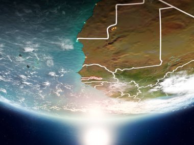 Gambiya Sunrise son derece detaylı yüzey dokuları ve görünür ülke sınırları ile Dünya gezegeninin yörüngeden. 3D çizim. Nasa tarafından döşenmiş bu görüntü unsurları.