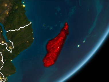 Planet Earth Earth yörüngeden geceleri görüldüğü gibi Madagaskar kırmızı görünür Kenarlıklar ve şehir ışıkları vurgulanır. 3D çizim. Nasa tarafından döşenmiş bu görüntü unsurları.