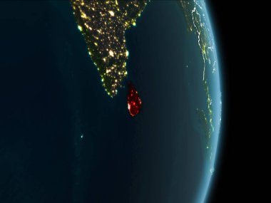 Sri Lanka Haritası Beyaz sınır çizgileri ve şehir ışıkları ile gece gezegeni uzaydan görüldüğü gibi kırmızı. 3D çizim. Nasa tarafından döşenmiş bu görüntü unsurları.