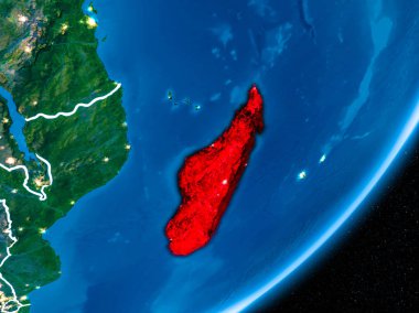 Madagaskar kırmızı Planet Earth görünür sınır çizgileri ve şehir ışıkları ile gece. 3D çizim. Nasa tarafından döşenmiş bu görüntü unsurları.