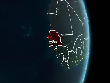 Senegal haritası beyaz sınır çizgileri ve şehir ışıkları ile gece gezegeni uzaydan görüldüğü gibi kırmızı. 3D çizim. Nasa tarafından döşenmiş bu görüntü unsurları.