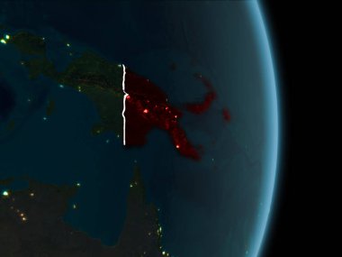 Papua Yeni Gine Haritası Beyaz sınır çizgileri ve şehir ışıkları ile gece gezegeni uzaydan görüldüğü gibi kırmızı. 3D çizim. Nasa tarafından döşenmiş bu görüntü unsurları.