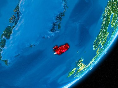 İzlanda kırmızı Planet Earth görünür sınır çizgileri ve şehir ışıkları ile gece. 3D çizim. Nasa tarafından döşenmiş bu görüntü unsurları.