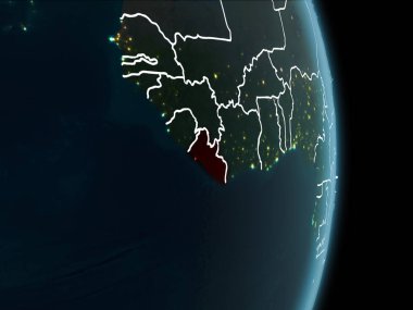 Liberya Haritası Beyaz sınır çizgileri ve şehir ışıkları ile gece gezegeni uzaydan görüldüğü gibi kırmızı. 3D çizim. Nasa tarafından döşenmiş bu görüntü unsurları.