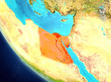 Mısır'dan son derece detaylı yüzey dokuları ile Dünya gezegeninin yörüngesinde. 3D çizim. Nasa tarafından döşenmiş bu görüntü unsurları.