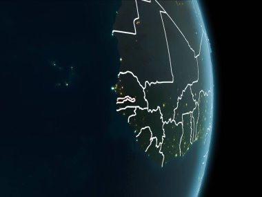 Gambiya Haritası Beyaz sınır çizgileri ve şehir ışıkları ile gece gezegeni uzaydan görüldüğü gibi kırmızı. 3D çizim. Nasa tarafından döşenmiş bu görüntü unsurları.