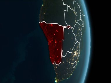 Namibya Haritası beyaz sınır çizgileri ve şehir ışıkları ile gece gezegeni uzaydan görüldüğü gibi kırmızı. 3D çizim. Nasa tarafından döşenmiş bu görüntü unsurları.