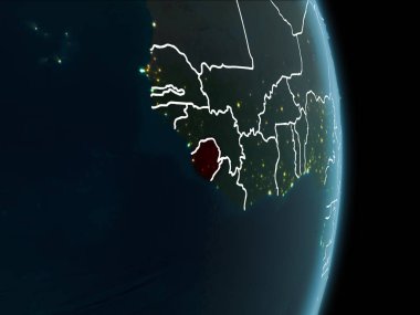 Sierra Leone Haritası Beyaz sınır çizgileri ve şehir ışıkları ile gece gezegeni uzaydan görüldüğü gibi kırmızı. 3D çizim. Nasa tarafından döşenmiş bu görüntü unsurları.