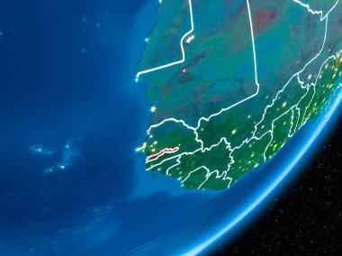 Gambiya kırmızı Planet Earth görünür sınır çizgileri ve şehir ışıkları ile gece. 3D çizim. Nasa tarafından döşenmiş bu görüntü unsurları.