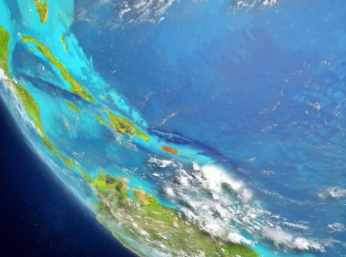Son derece detaylı yüzey dokuları ile Dünya gezegeninin yörüngeden Puerto Rico. 3D çizim. Nasa tarafından döşenmiş bu görüntü unsurları.
