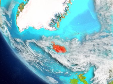 İzlanda'dan son derece detaylı yüzey dokuları ile Dünya gezegeninin yörüngesinde. 3D çizim. Nasa tarafından döşenmiş bu görüntü unsurları.