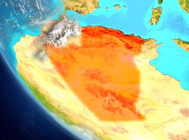 Cezayir son derece detaylı yüzey dokuları ile Dünya gezegeninin yörüngeden. 3D çizim. Nasa tarafından döşenmiş bu görüntü unsurları.