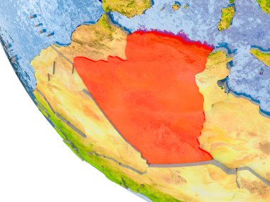 Cezayir haritası dünya gerçek gezegenin yüzeyi ile görünür ülke sınırları ve okyanusların su ile kabarık ülkeler üzerinde kırmızı. 3D çizim. Nasa tarafından döşenmiş bu görüntü unsurları.
