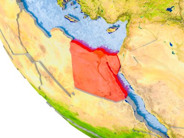 Mısır Haritası dünya gerçek gezegenin yüzeyi ile görünür ülke sınırları ve okyanusların su ile kabarık ülkeler üzerinde kırmızı. 3D çizim. Nasa tarafından döşenmiş bu görüntü unsurları.