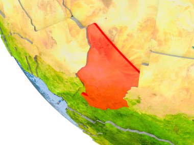 Çad Haritası dünya gerçek gezegenin yüzeyi ile görünür ülke sınırları ve okyanusların su ile kabarık ülkeler üzerinde kırmızı. 3D çizim. Nasa tarafından döşenmiş bu görüntü unsurları.