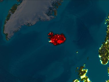 İzlanda Dünya yörüngesine kırmızıdan görünür ülke sınırları ile gece vurgulanmış. 3D çizim. Nasa tarafından döşenmiş bu görüntü unsurları.