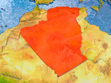 Kabarık ülkelerle gerçekçi haritada kırmızı Cezayir'de. 3D çizim. Nasa tarafından döşenmiş bu görüntü unsurları.
