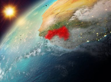 Dünya yörüngesine günbatımı sırasında görülen Gine Illustration. 3D çizim. Nasa tarafından döşenmiş bu görüntü unsurları.