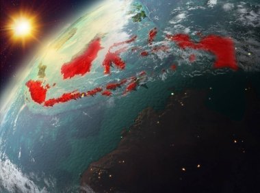 Dünya yörüngesine günbatımı sırasında görülen Endonezya Illustration. 3D çizim. Nasa tarafından döşenmiş bu görüntü unsurları.