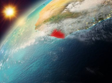 Dünya yörüngesine günbatımı sırasında görülen Liberya Illustration. 3D çizim. Nasa tarafından döşenmiş bu görüntü unsurları.