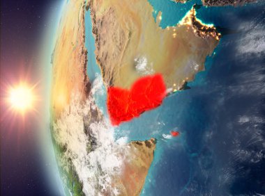 Gezegeni uzaydan günbatımı sırasında görülen Yemen. 3D çizim. Nasa tarafından döşenmiş bu görüntü unsurları.