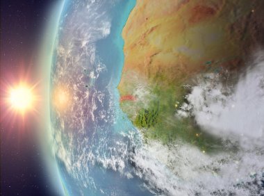 Gezegeni uzaydan günbatımı sırasında görülen Gambiya. 3D çizim. Nasa tarafından döşenmiş bu görüntü unsurları.