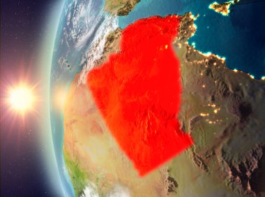 Gezegeni uzaydan günbatımı sırasında görülen Cezayir. 3D çizim. Nasa tarafından döşenmiş bu görüntü unsurları.