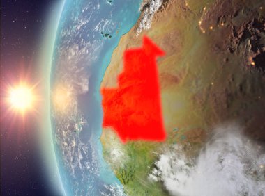 Gezegeni uzaydan günbatımı sırasında görülen Moritanya. 3D çizim. Nasa tarafından döşenmiş bu görüntü unsurları.