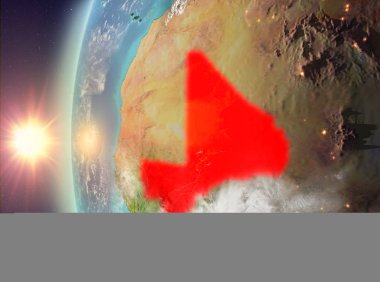 Gezegeni uzaydan günbatımı sırasında görülen Mali. 3D çizim. Nasa tarafından döşenmiş bu görüntü unsurları.