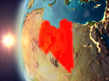 Gezegeni uzaydan günbatımı sırasında görülen Libya. 3D çizim. Nasa tarafından döşenmiş bu görüntü unsurları.