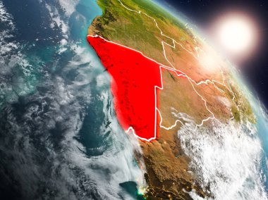 Günbatımı Namibya Planet Earth görünür ülke sınırları ile uzaydan yukarıda. 3D çizim. Nasa tarafından döşenmiş bu görüntü unsurları.
